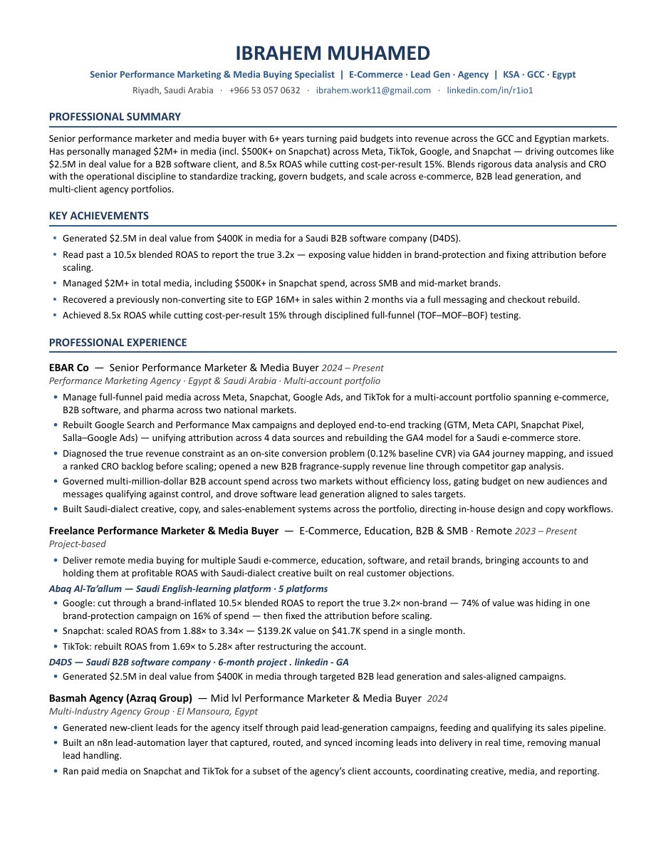 CV page 1: summary, key achievements and experience