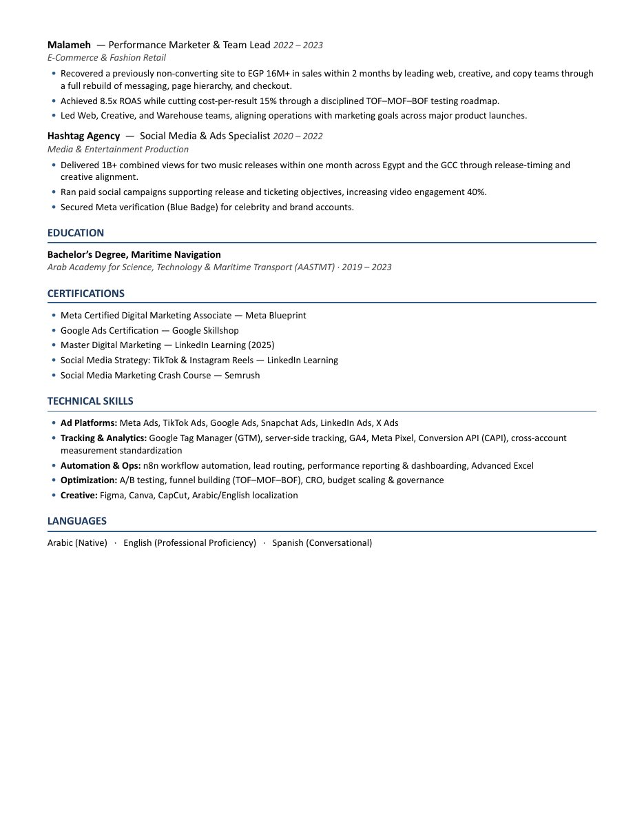 CV page 2: education, certifications, skills and languages