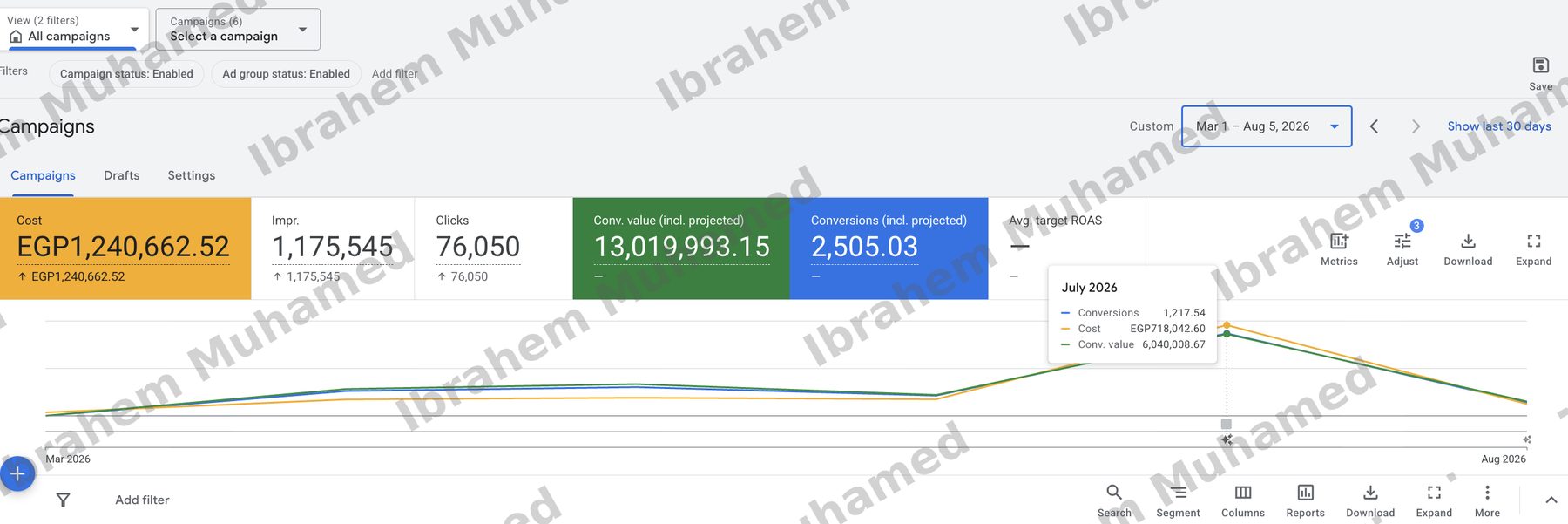Google Ads account overview, Mar to Aug 2026
